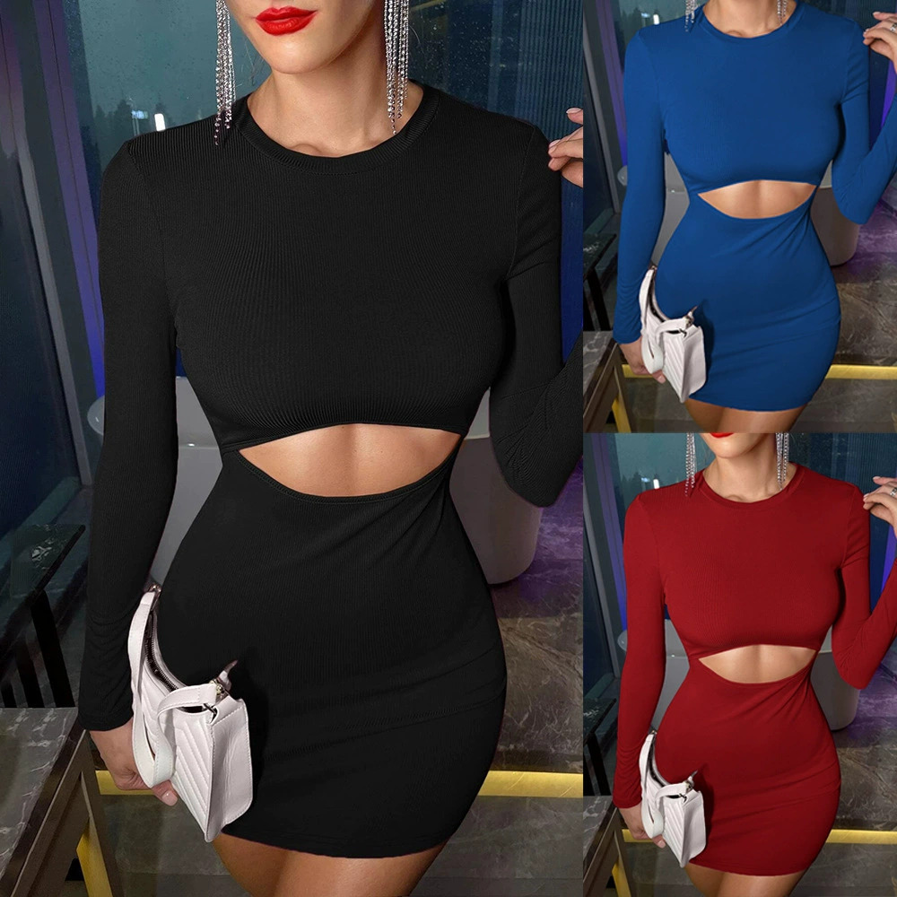 ZARA Sexy Elegant Office Round Neck Hollow Out Bodycon Long Sleeve Dress